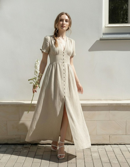 Linen Maxi Dress, Button Front Linen Dress, Puff Sleeve Linen Dress, Elegant Linen Summer Dress, Minimalist Linen Dress
