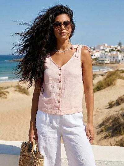 Minimalist Linen Camisole, Adjustable Tie Strap Linen Top, Button Detail Linen Tank, Elegant Summer Linen Blouse