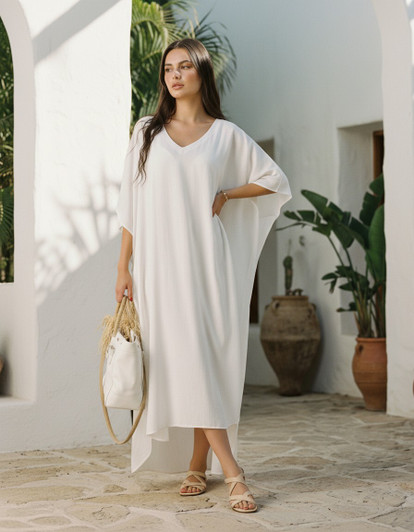 White Linen Kaftan Dress, Oversized Linen Midi Dress, Minimalist Resort Dress, Loose Linen Summer Dress, Beach Cover Up