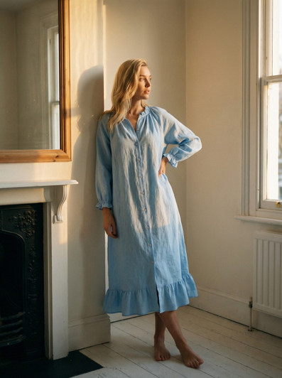Linen Bridgerton Sleepwear, Button Front Midi Dress, Ruffle Hem Linen Lounge Dress, Romantic Linen Sleepwear