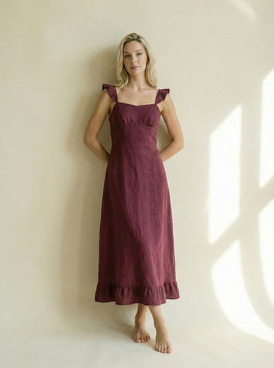 Linen Crisscross Back Dress, Ruffle Strap Midi Sundress, Open Back Tie Dress, Lightweight Summer Linen Dress for Vacation