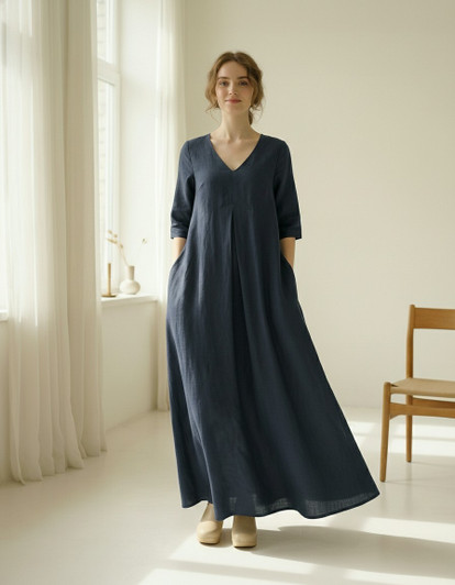 Navy Linen Maxi Dress, V Neck Linen Dress with Pockets, Minimal Loose Fit Linen Dress, Everyday Slow Fashion