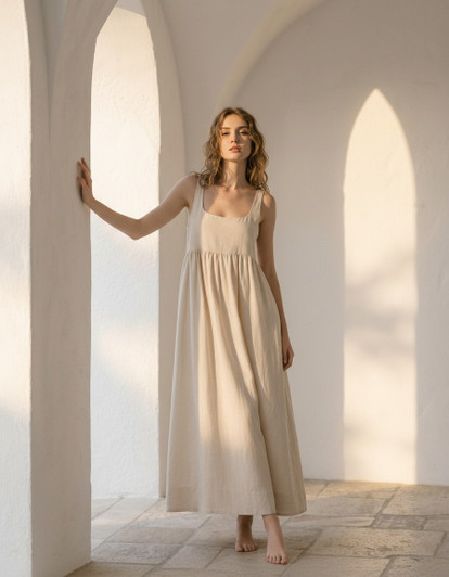 Linen Square Neck Midi Dress, Empire Waist Sleeveless, Cottagecore Minimal Summer Dress, Slow Living Style