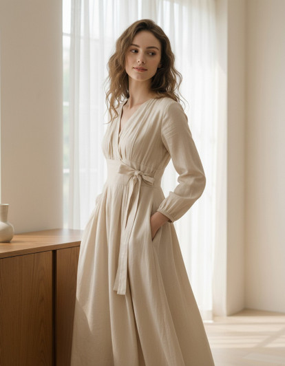 Linen Wrap Maxi Dress, Long Sleeve Tie Waist Romantic Minimal Cottagecore, Bridal Morning Gown