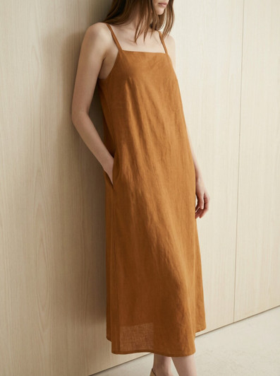 Linen Midi Slip Dress, Spaghetti Strap Linen Dress, Minimal Summer Dress, Handmade Linen Sundress