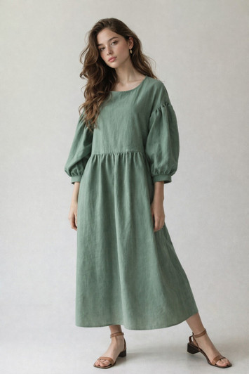 Loose Fit Linen Midi Dress, Puff Sleeve Linen Dress, Soft Minimal Everyday Dress