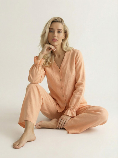 Linen Pajama Set with Soft Gathered Cuff Sleeves, Button Front Linen Shirt and Relaxed Linen Pants, Clean Housewear