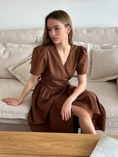 Linen Wrap Dress with Puff Sleeves, Soft Waist Tie Midi Dress, Feminine Linen Dress, Handmade Natural Linen