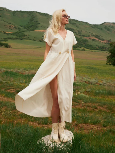 V Neck Linen Wrap Dress, Short Sleeve Maxi Linen Dress with Buttons and Slit, Minimal Summer Dress, Slow Fashion