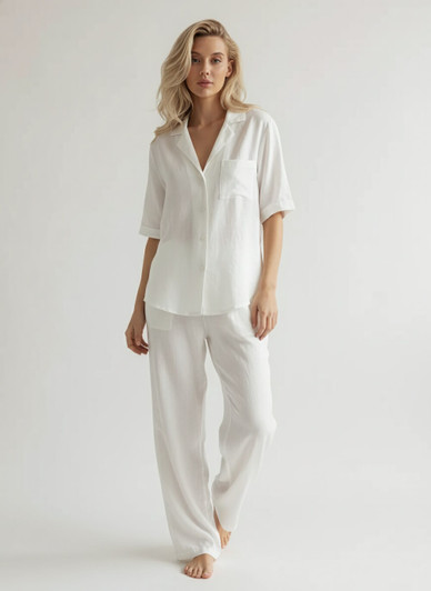 Womens Linen Loungewear Set, Lightweight Pajamas Button Shirt and Pants, Comfortable Homewear