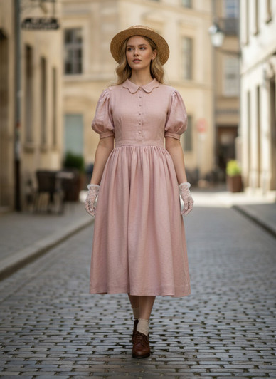 Cottagecore Linen Dress Puffy Sleeve, Vintage Ruffle Midi Dress Spring Picnic Outfit Fairycore Tea Party Dress