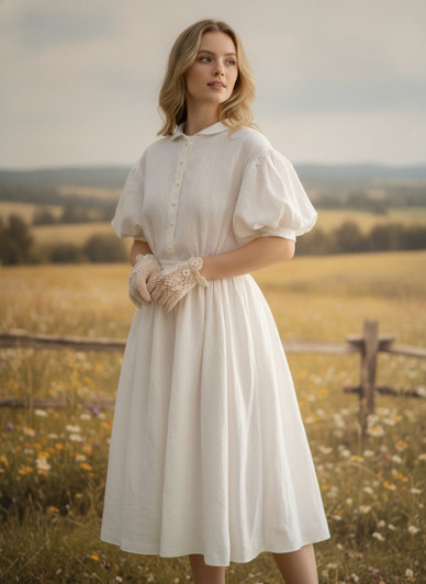 Vintage Linen Puff Sleeve Dress, Cottagecore Peter Pan Collar Midi Dress, Bridal Engagement Photoshoot Linen Gown, Wedding Dress