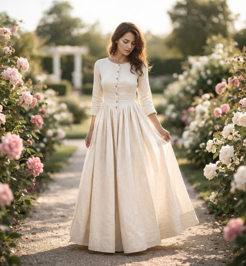 Vintage Linen Button Front Dress, Long Sleeve Cottagecore Gown, Square Neck Prairie Maxi Dress, Regency Style