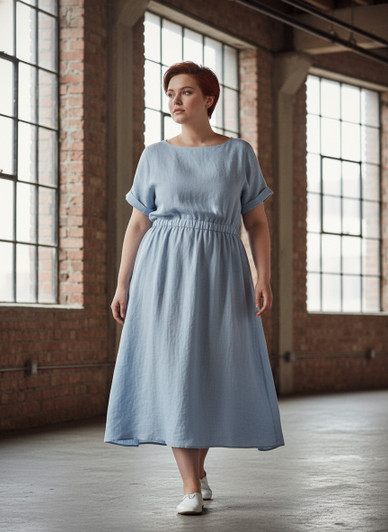 Linen Midi Dress with Elastic Waist, Boat Neck Dress, Minimalist Wedding Guest Dress, Plus Size Friendly