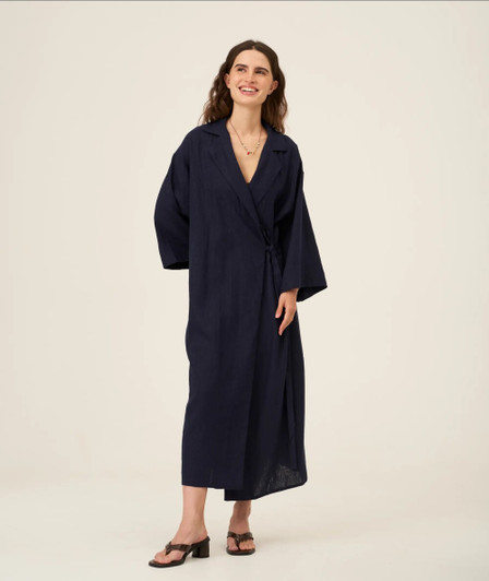 Elegant Navy Linen Coat, Long Sleeve Wrap Robe, Casual Summer Robe, Minimalist Chic, Comfortable Linen Gown, Boho Vacation Dress