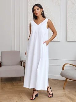 White Linen Sleeveless Dress with V Neck, Comfortable and Elegant Summer Dress for Beach, Vacation, and Casual Wear