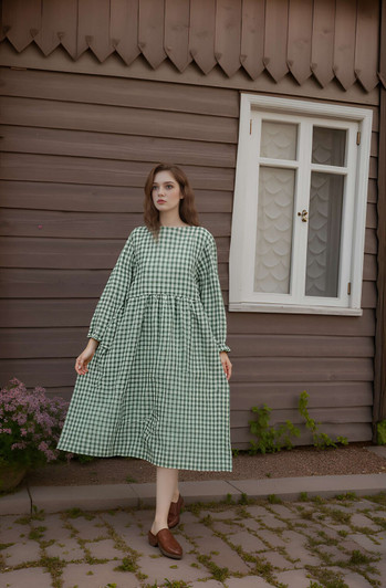 Green Gingham Linen Dress, Long Fall Linen Dress For Women, Cottagecore Midi Outfit