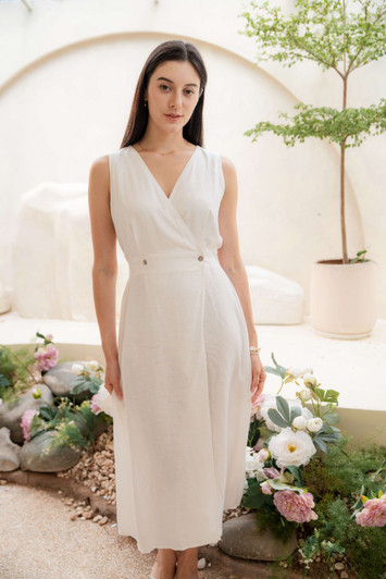 Linen Maxi Wrap Dress, Sleeveless Summer Dress, White Linen Gown, Boho Resort Dress, Minimalist Linen Outfit