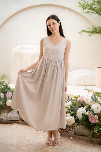 V-Neck Linen Dress, Midi Linen Dress for Women, Minimalist Summer Dress, Breathable Linen Outfit, Plus Size Linen Dress