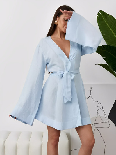 Linen Wrap Dress, V Neck Belted Dress, Flared Sleeve Casual Dress, Feminine Summer Fashion,Lightweight Spring Dress, Relaxed Fit Linen Dress