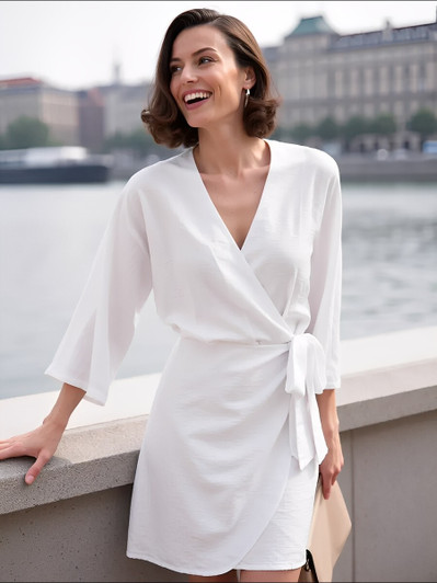 Linen Wrap Dress, V Neck Belted Dress, Elegant Casual Dress, Feminine Spring Summer Fashion