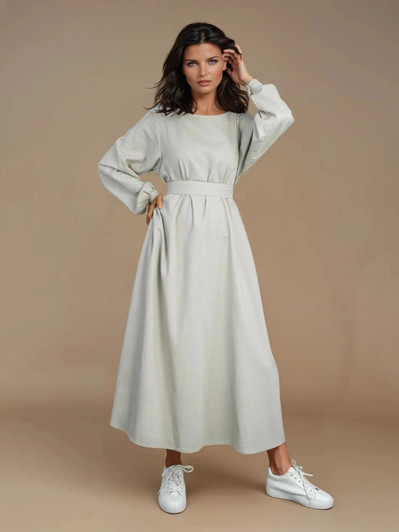 Linen Long Sleeve Dress With Belt, Casual Maxi Dress For Women, Comfortable White Dress, Elegant Beach Wedding Dress, Summer Vacation Dress
