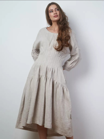 Linen Long Sleeve Dress, Tiered Eco-Friendly Midi Dress, Comfortable and Breathable Summer Dress, Cottagecore Style