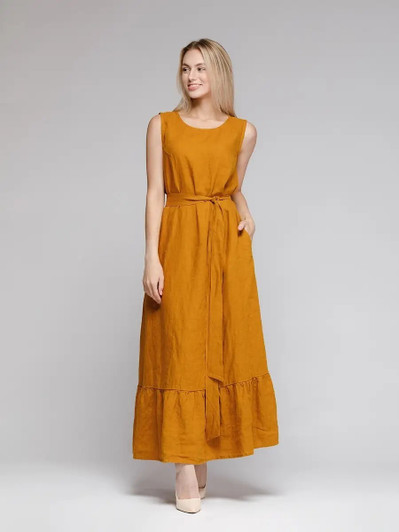 Maxi Linen Belted Dress, Sleeveless Tiered Dress, Boho Summer Dress, Effortless and Feminine Style