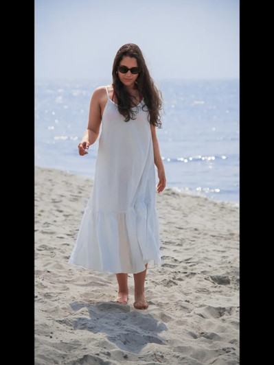 White Linen Spaghetti Strap Maxi Dress, Tiered Summer Dress, Comfortable and Breezy Casual Dress, Eco-Friendly Vacation Essential