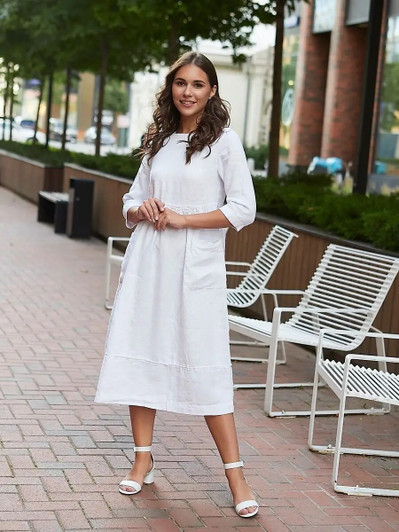 White Linen Midi Dress, 3/4 Sleeve Casual Dress with Pockets, Comfortable and Eco-Friendly Summer Dress, Effortless Style