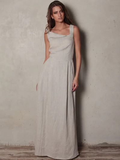 Linen Maxi Dress, Sleeveless Elegant Summer Dress, Square Neck Sleeveless Dress with Waist Definition