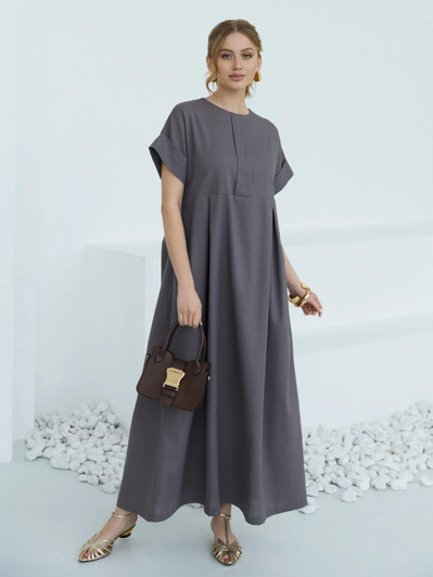 Natural Linen Short Sleeve Dress, Comfortable and Elegant Midi Dress, Perfect for Casual Summer Days