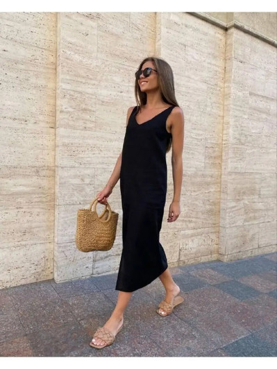 Black Linen V Neck Dress, Sleeveless Casual Midi Dress, Midi Linen Dress, Comfortable and Stylish for Vacation & Everyday Wear