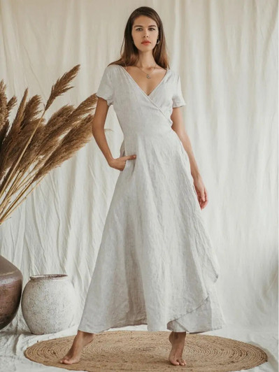 Natural Linen Wrap Dress, V Neck Short Sleeve Midi Dress, Comfortable and Elegant Summer Dress, Linen Wrap Dress, Casual Dress for Vacation