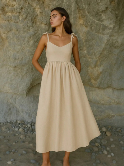 Beige Linen Dress, Sleeveless Tie Strap Summer Dress, Flowing Eco-Friendly Vacation Midi Dress, Comfortable and Feminine Casual Dress