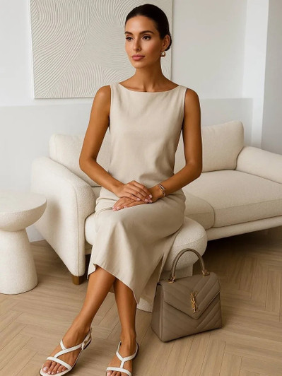 Beige Linen Dress, Sleeveless Minimalist Dress, Breathable Natural Fabric, Elegant Linen Summer Dress, Comfortable Casual Dress