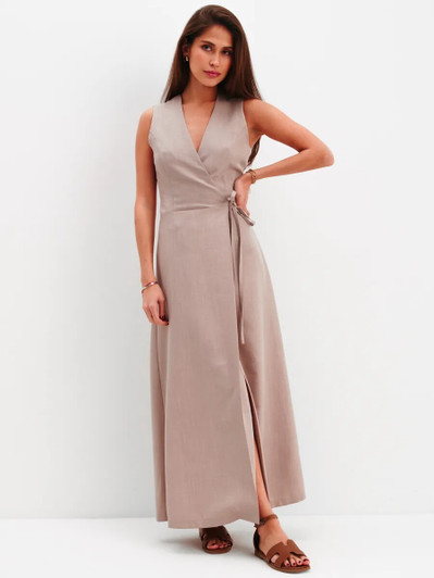 Maxi Linen Wrap Dress, Sleeveless V Neck Belted Maxi Dress, Side Slit Summer Linen Dress, High Waist Dress