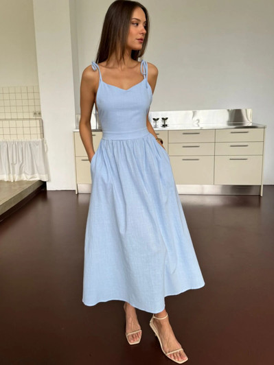 Maxi Linen Dress, Sleeveless Tie Waist Summer Dress, Flowy Boho Style, Lightweight Linen Dress for Beach Sundress