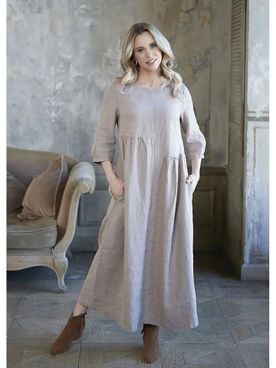 Midi Linen Dress, Casual Loose Fit Long Sleeve Dress, Minimalist Summer Outfit, Comfortable Linen Dress for Spring & Everyday Wear