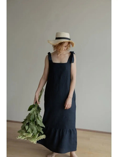 Women’s Linen Dress Summer Midi with Bow Straps, Flowy Casual Beach Dress, Comfortable and Stylish for Vacatio
