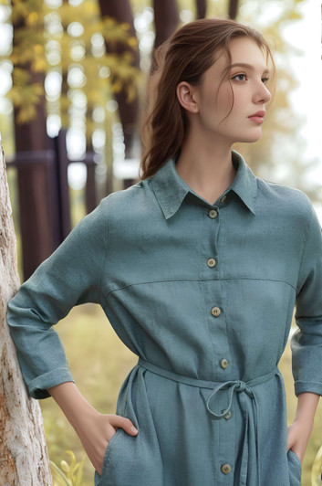 Grey Wool Blend Linen Shirt Dress, Winter Long Sleeve Linen Wool Dress For Women