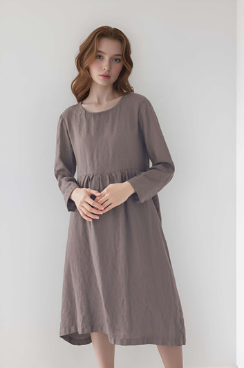 Swing Linen Dress with Long Sleeves, Soft & Flowy Maxi Linen Dress For Women