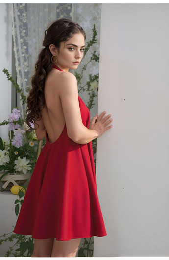 Open Back Linen Halter Mini Dress, Flowy A-Line Sundress With Tie Back For Summer Beach & Resort