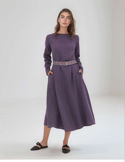 Lavender Long Linen Dress, Elegant Belted Linen Dress With Pockets, Long Sleeve Cozy Summer Dress For Women