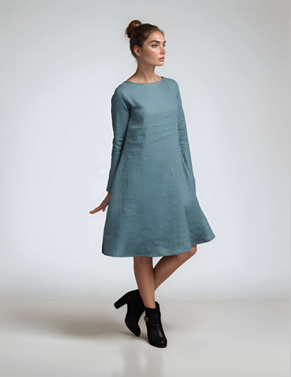 Electric Blue Long Sleeve Linen Dress, Loose Oversized Linen Dress With Pockets, Turquoise Brown Colorblock Summer Dress