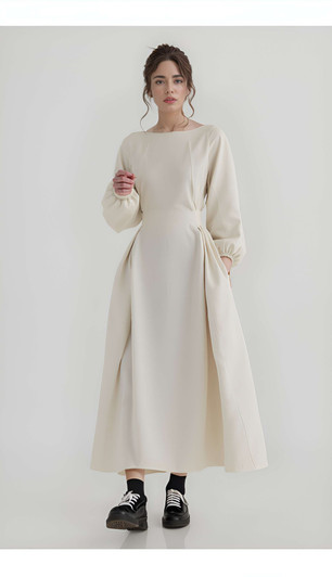Modest Linen Swing Dress, Long Sleeve Maxi Dress With Pockets And Waist Belt