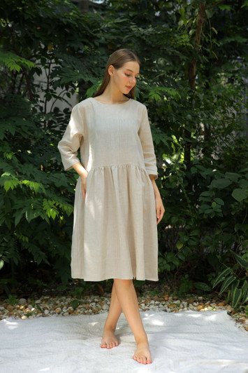 Linen Dress With Pockets, Loose Fit Linen Dress, Linen Midi Dress, Handmade Casual Clothing, Minimalist Linen Outfit