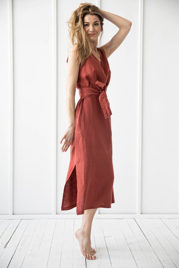 Linen Midi Dress, Plus Size Natural Linen Clothing for Women, Linen Wrap Dress
