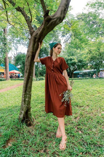 Button Front Linen Dress with Ruffles, V Neck Short Sleeve Smock Dress, Casual Summer Linen Outfit