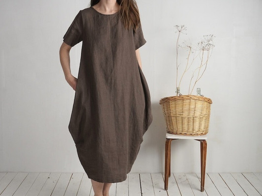 Oversized Balloon Sleeve Linen Dress, Loose Boho Maternity Outfit, Sustainable Natural Clothing, Minimalist Linen Dress